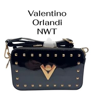 Valentino Orlandi $280 Retail Black and Gold Crossbody Patent Camera Bag